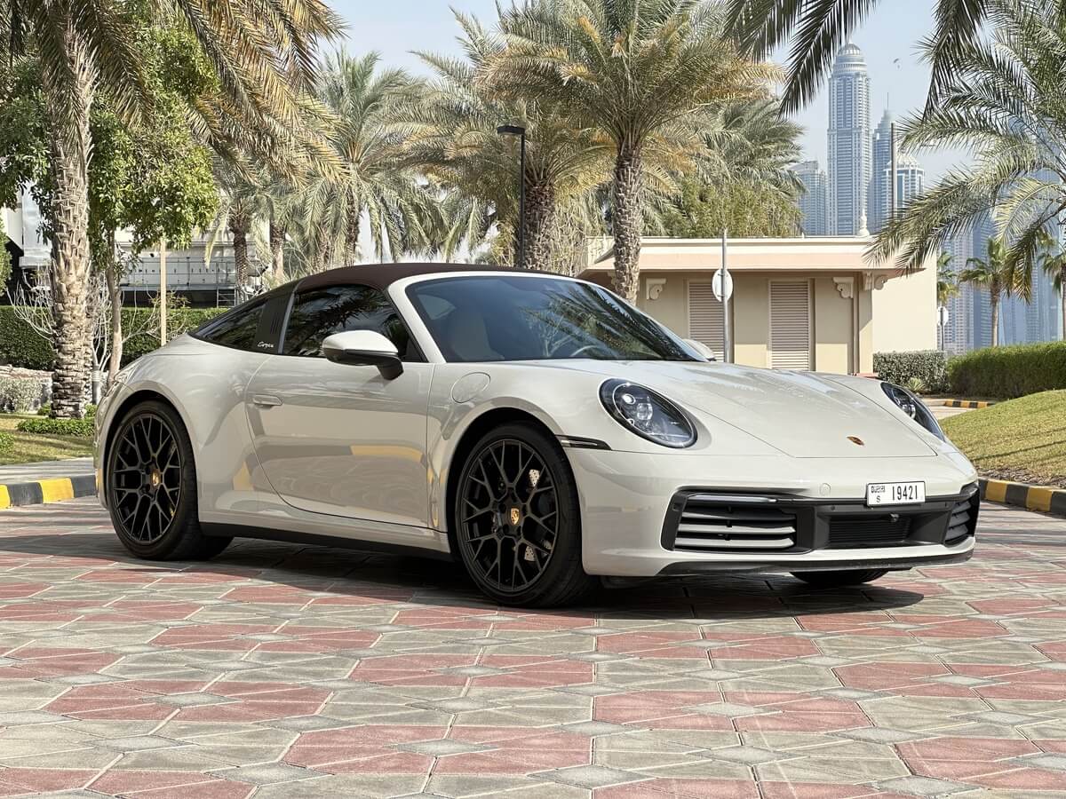 Porsche 911 Targa 4 Spyder front view – premium sports car for rent in Dubai by Sky Luxse
