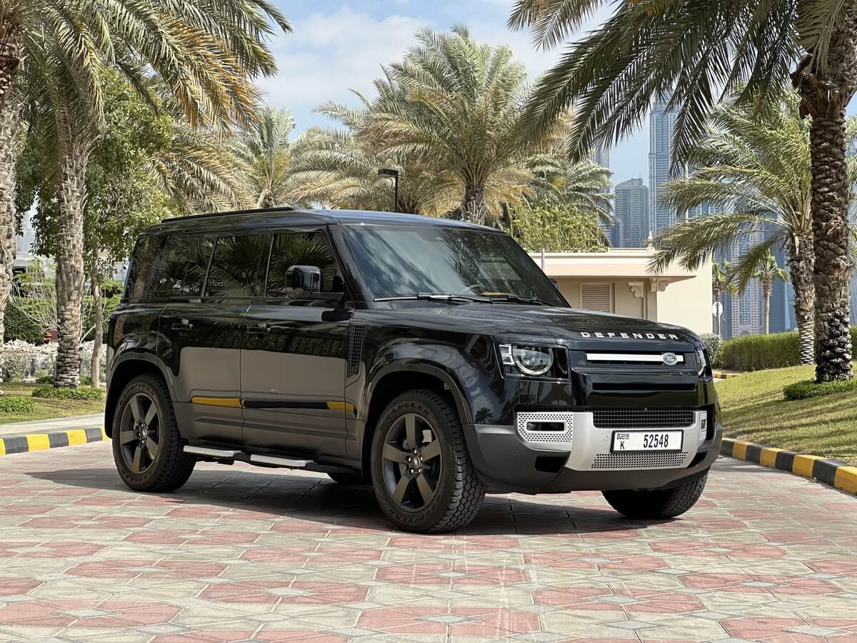 Land Rover Defender front view – rent a rugged luxury SUV in Dubai with Sky Luxse