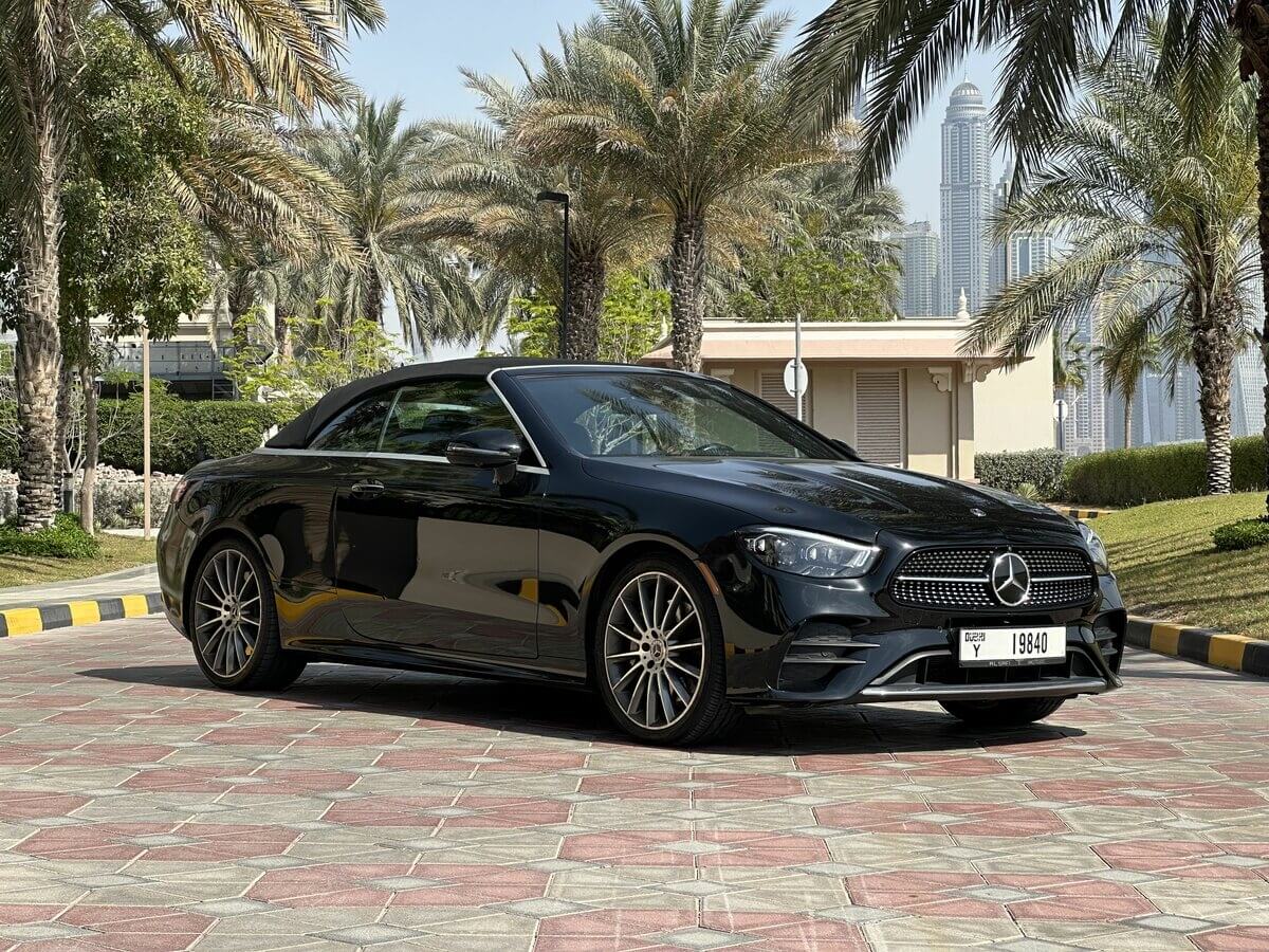Mercedes-Benz E450 Convertible front view – luxury cabriolet for rent in Dubai from Sky Luxse