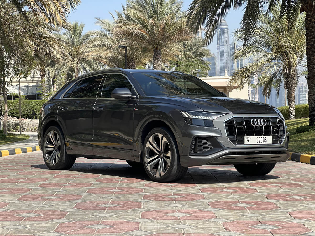 Audi Q8 front view highlighting its bold grille and LED headlights